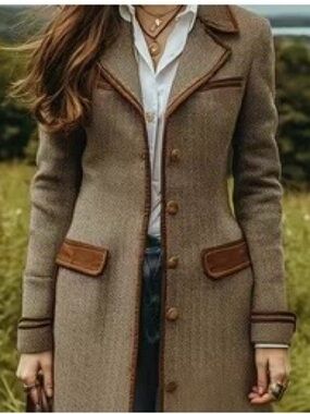 Tailored Brown Trim Wool-Blend Blazer Coat - Women's Jacket
